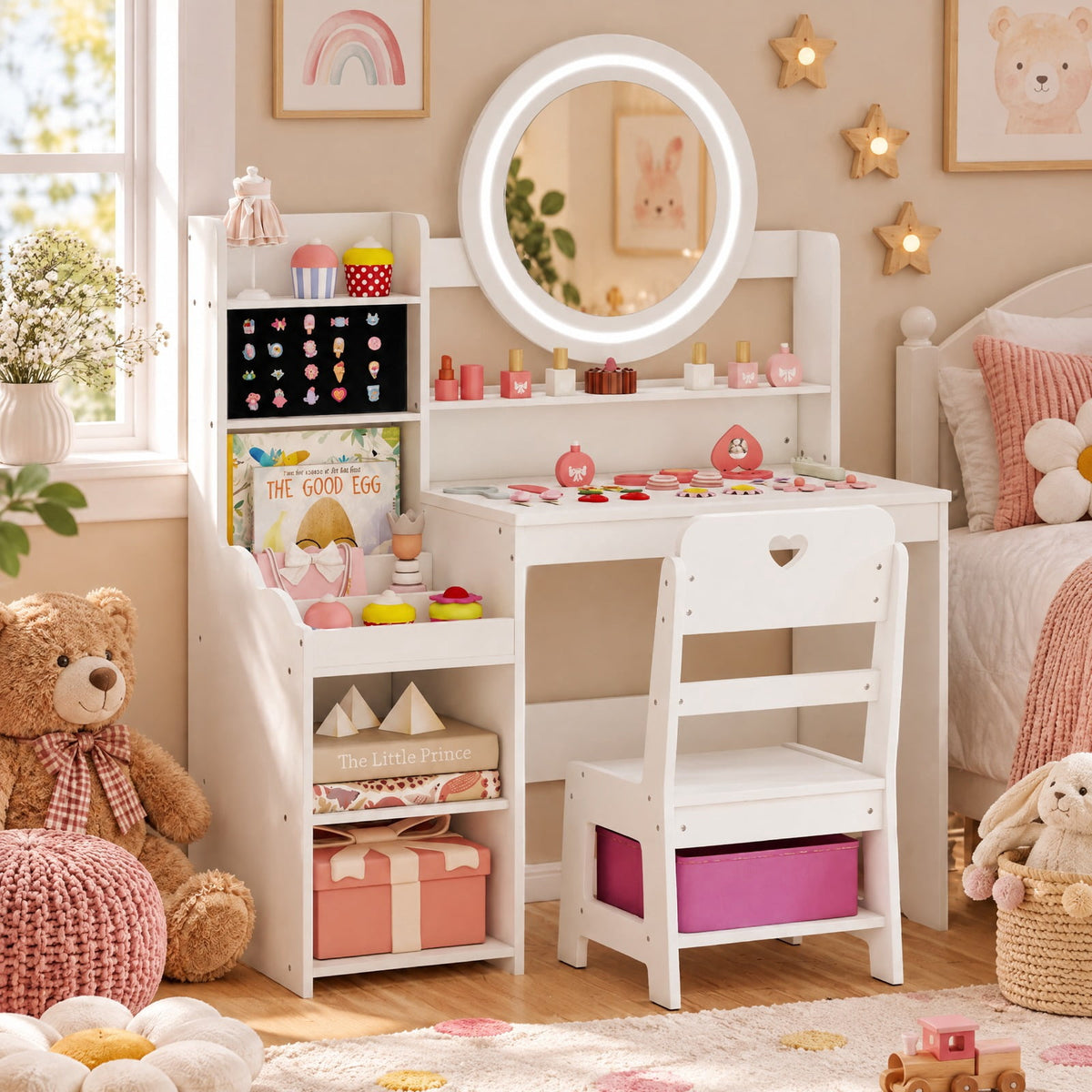 Airfind Kids Vanity Desk with Mirror and Lights Princess Pretend Play Dressing Table and Chair Set, 66 lbs Capacity, MDF Frame, for 3+ years old