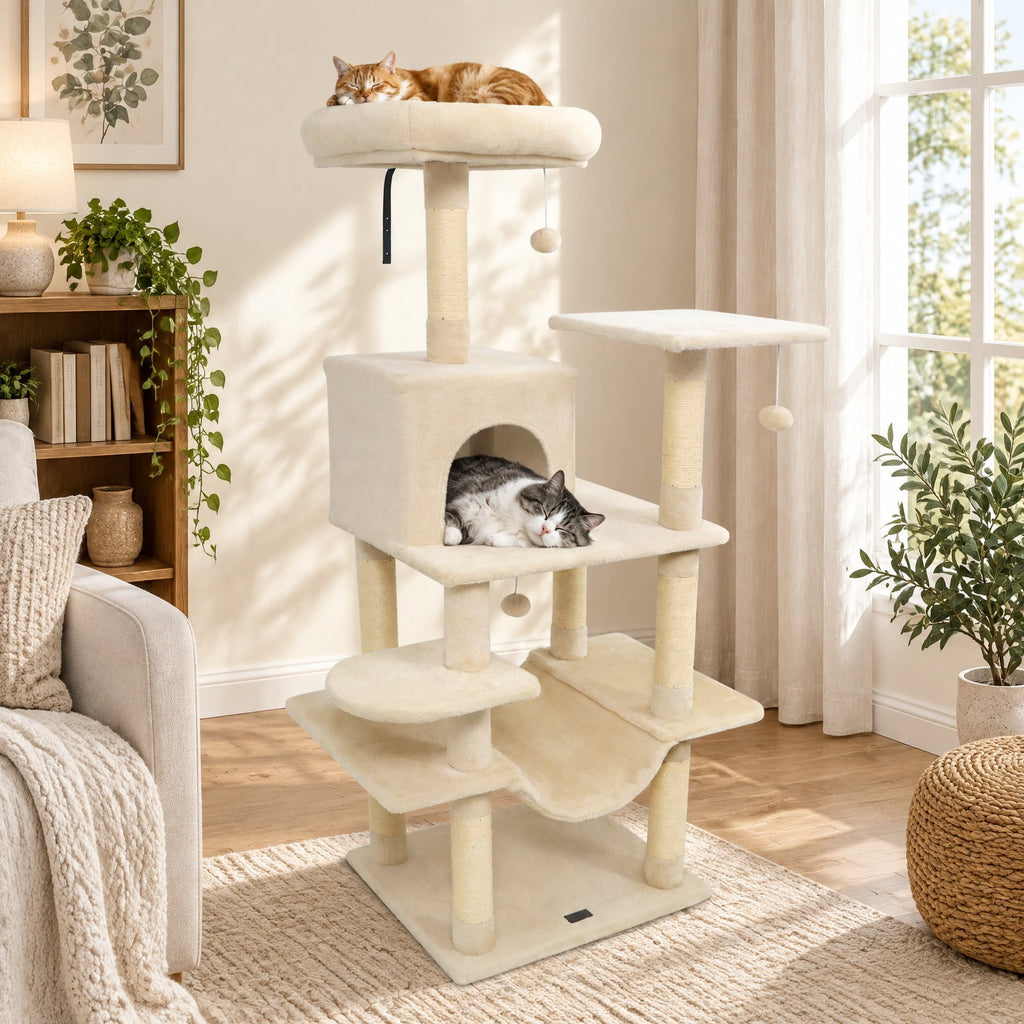 Airfind 58 Multi-Level Cat Tree Soft Plush Cat Tower with Padded Top Perch, PP Cotton Fabric Sisal Engineered Wood Overall Height 58 Base Frame