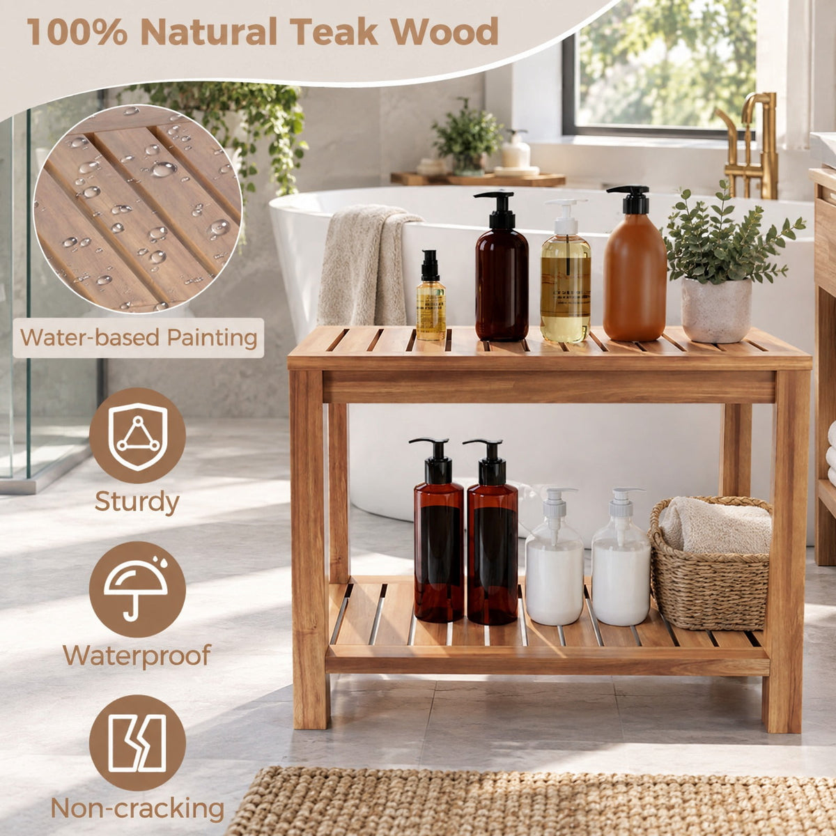 Airfind 24 Inch Teak Wood Shower Bench Inside Shower Stool with Storage Shelf, Teak Wood 19 Inches Frame, 19 x 12.5 x 17.5 Footprint, Wood