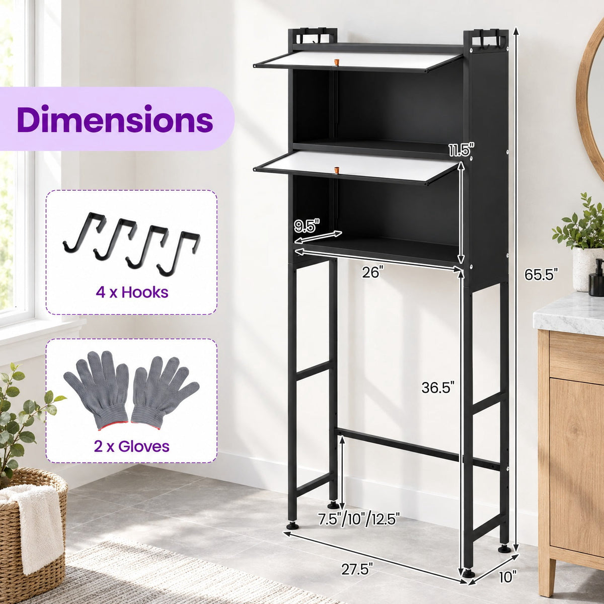 Airfind Over-the-toilet Cabinet Bathroom Organizer with 2 Flip-up Cabinets, 33 Lbs Capacity, Carbon Steel PC Plastic, Black