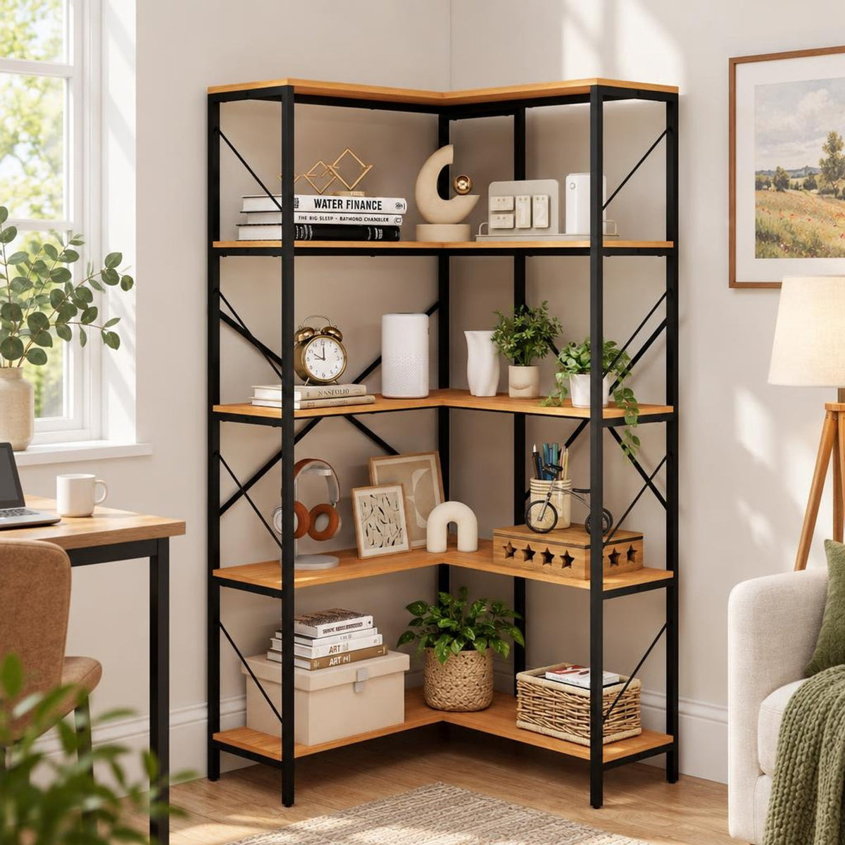 Airfind 66 Tall 5-Tier L-Shaped Bookcase with Metal Frame for Living Room, 44 lbs Capacity, Metal Frame, 31.5 x 31.5 x 66 Footprint, Brown
