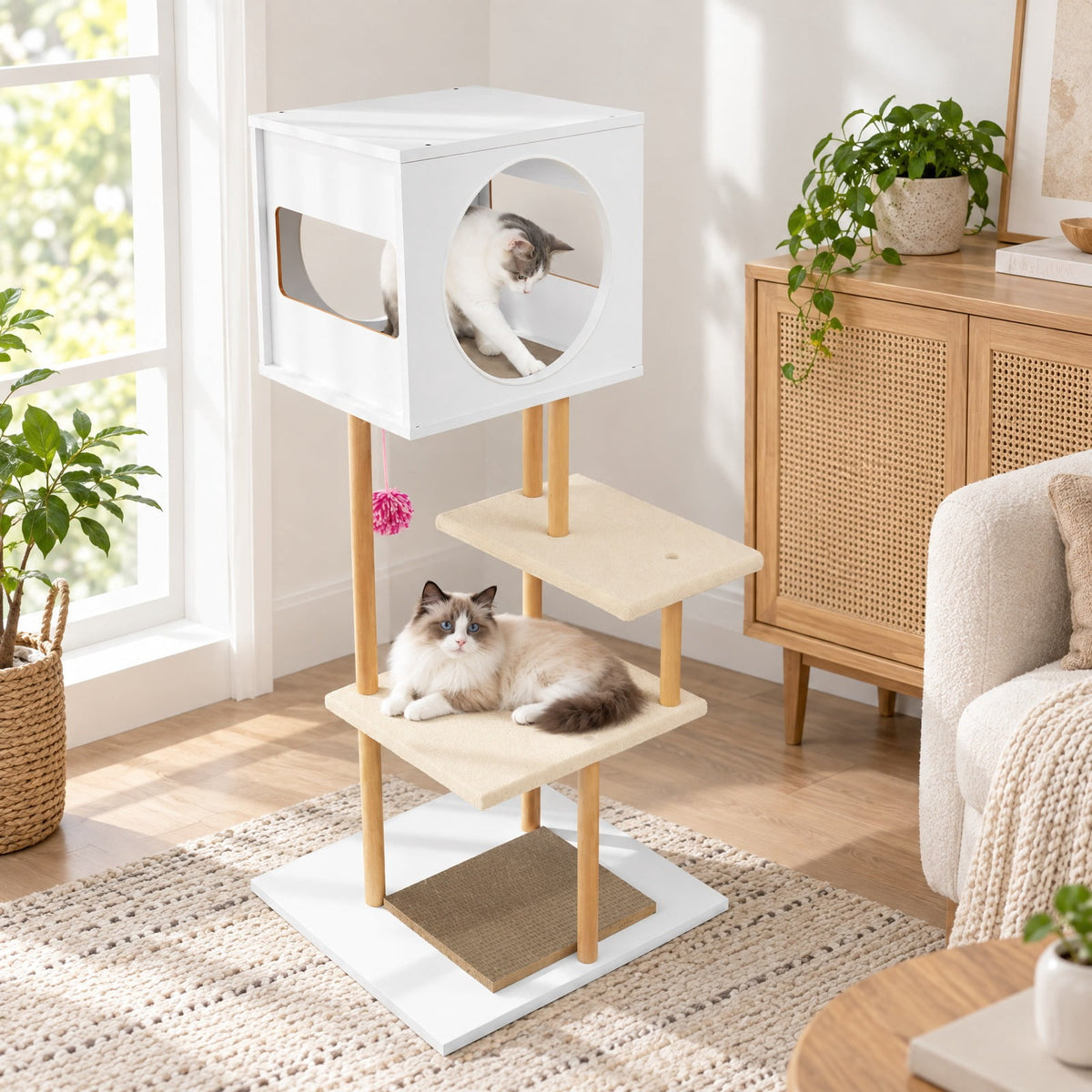 Airfind Tall Wood Cat Tower with 2 Corrugated Cardboard, 15.5 lbs Capacity, Engineered Wood Rubber Wood Corrugated Cardboard Fabric Frame, White