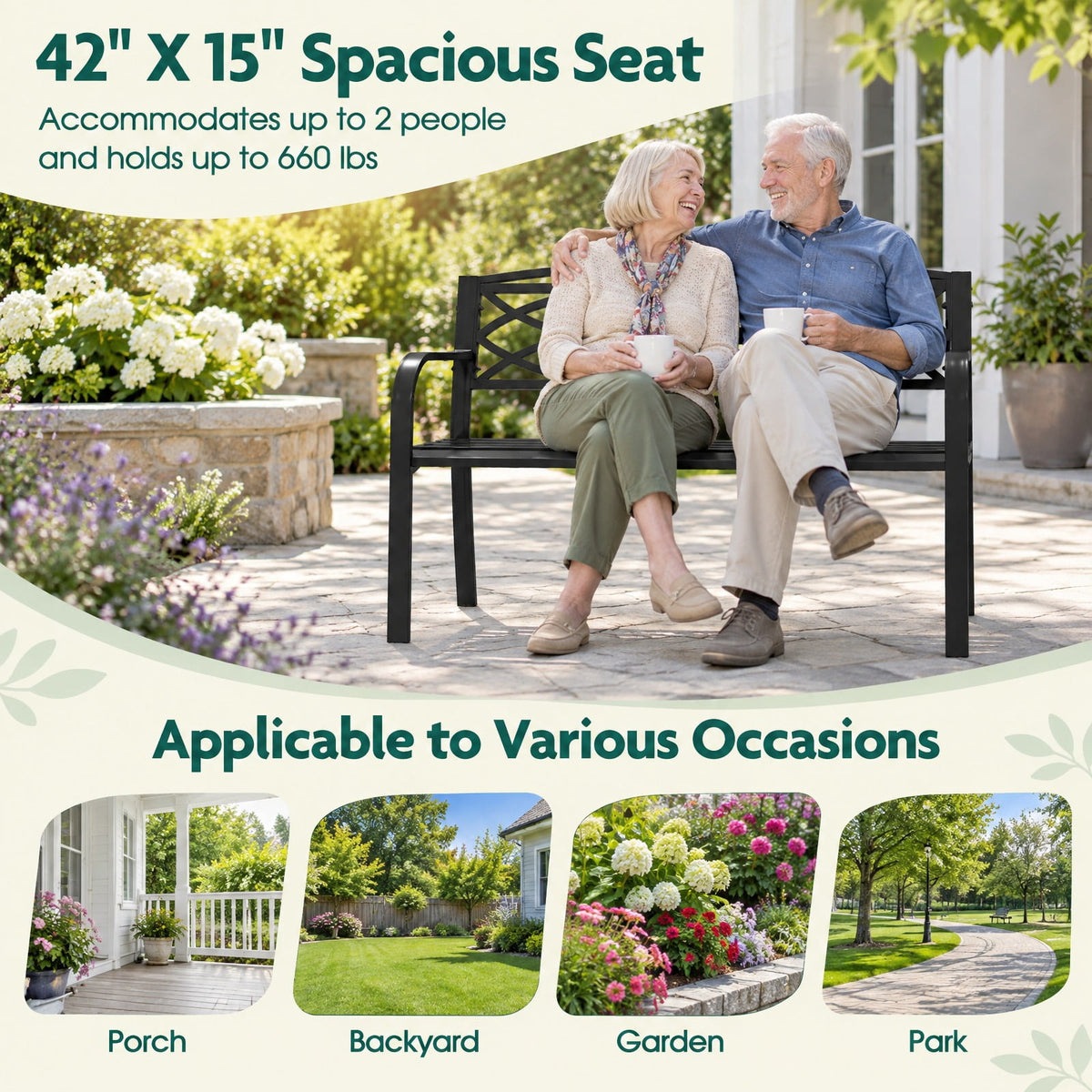 Airfind Garden Bench with Curved Armrests and Backrest, 660 lbs Capacity, Metal Frame, 19.5 x 45.5 x 32.5 Footprint, Black