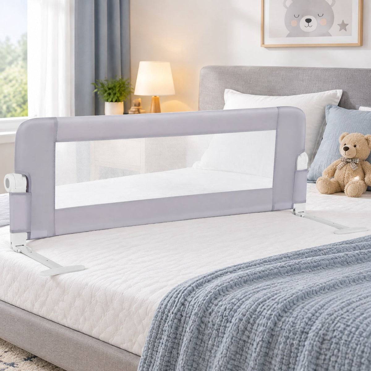 Airfind Foldable Bed Rail Swing Down Baby Bed Guard Rail, Metal Oxford Cloth PP Cotton Frame, 47 x 17 x 15.5（L x H x W） Footprint, White