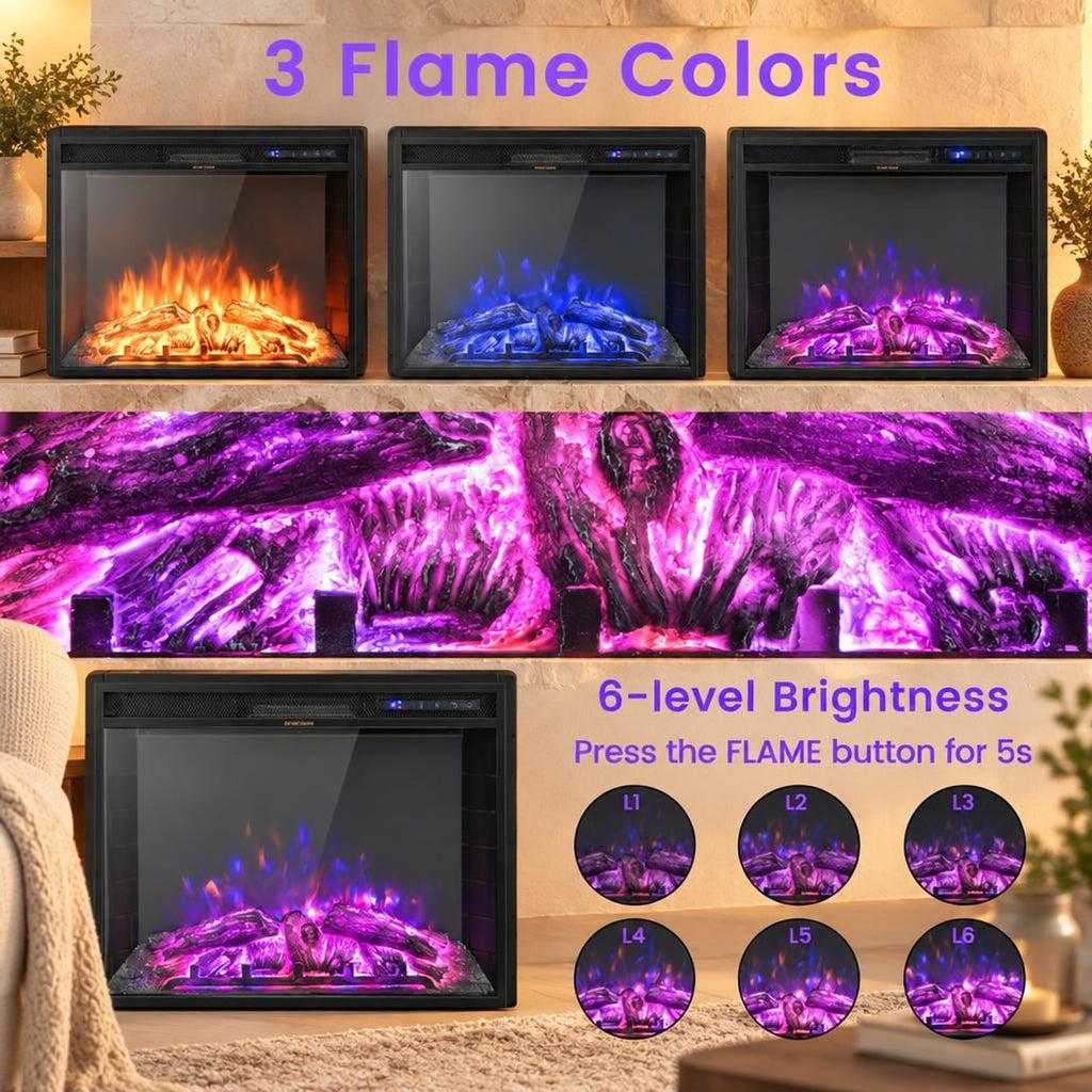 Airfind 26 Inch Recessed Electric Fireplace with Adjustable Flame Brightness, Metal Resin Tempered Glass Frame, Black