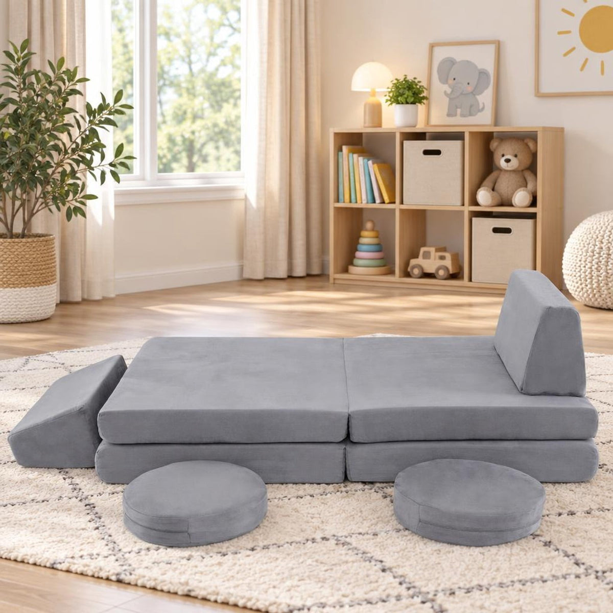 Airfind 6 Pieces Modular Kids Play Couch Set with Washable Covers for Living Room Playroom, 50.5 x 28.5 x 9Circular Block Footprint