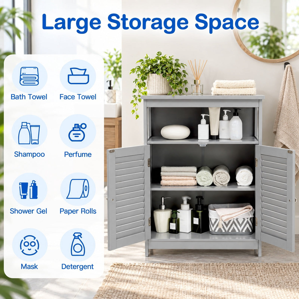 Airfind Wood Freestanding Bathroom Storage Cabinet with Double Shutter Door, 77 lbs Capacity, P2 MDF Frame, 23.5in x 12in x 31.5in Footprint, Gray