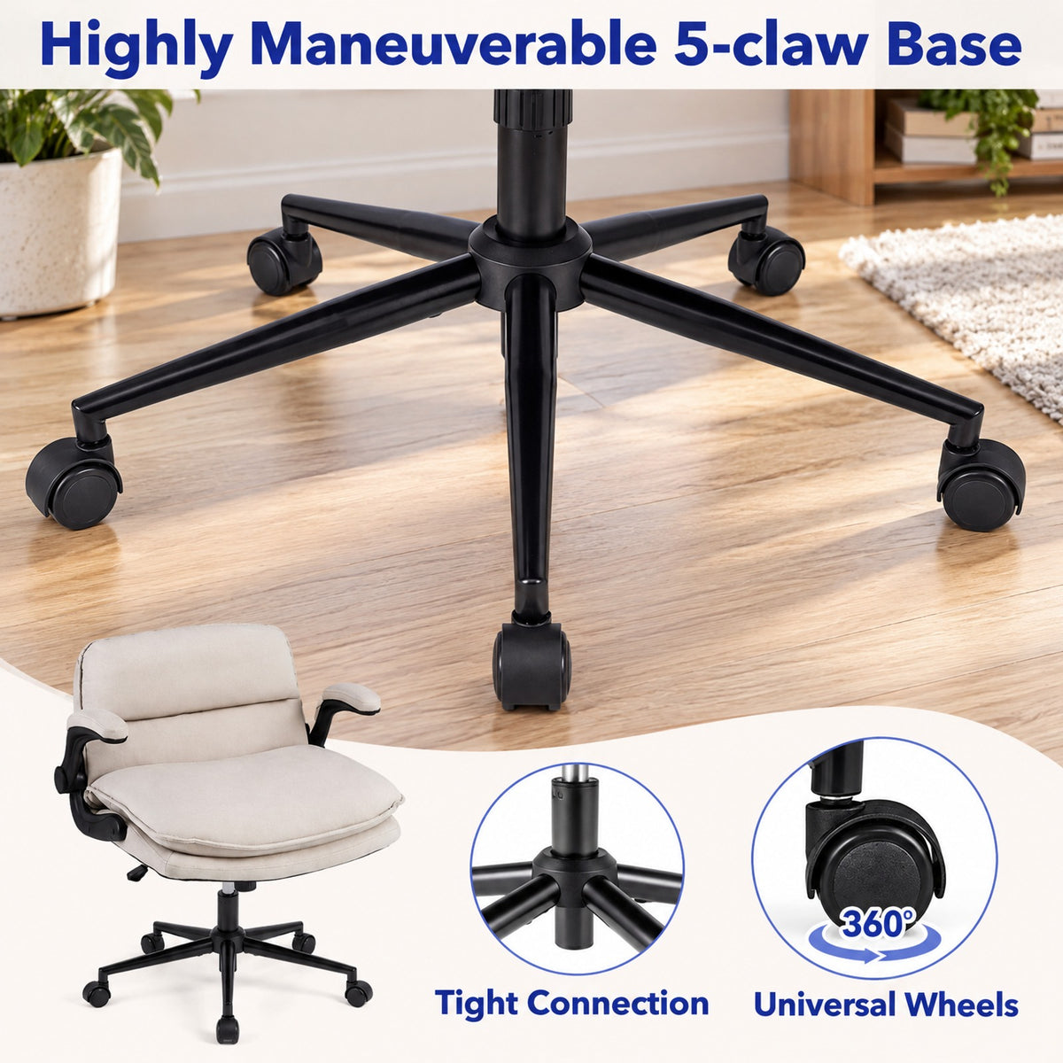 Airfind Criss Cross Chair on Wheels with Flip-up Arms Adjustable Height, 330 lbs Capacity, Faux Leather Metal Sponge PU Nylon Frame, Beige