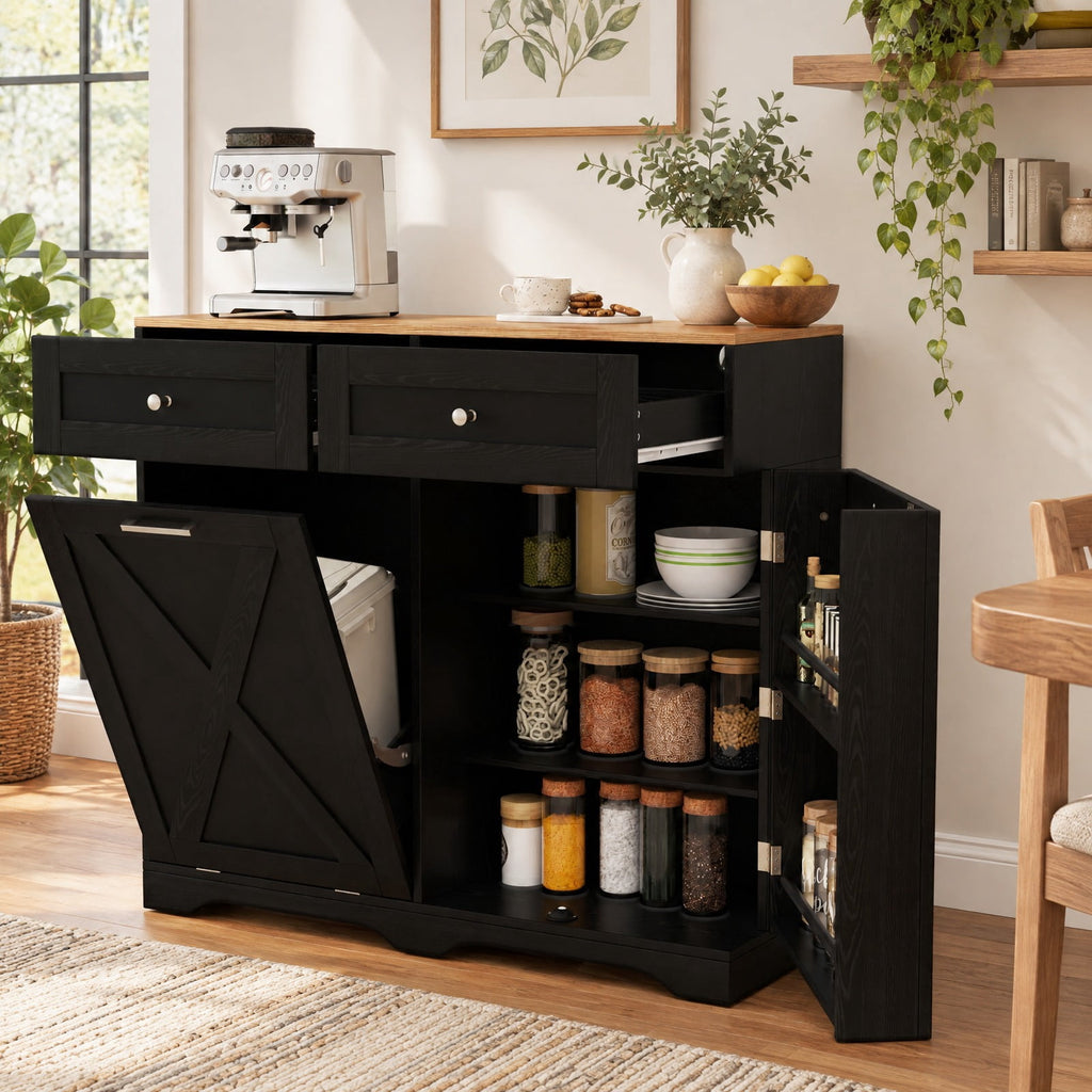 Airfind Tilt Out Trash Can Cabinet with Outlets and Adjustable Shelf, 100 Lbs Capacity, MDF Engineered Wood for Convenient Everyday Use, Black