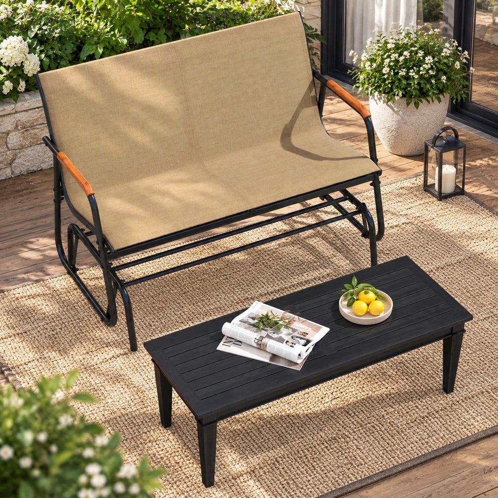 Airfind Patio Glider Bench with Curved Teak Armrests and Breathable Fabric Seat for 2 People, 660 lbs Capacity, Metal Fabric Teak Wood Frame, Brown