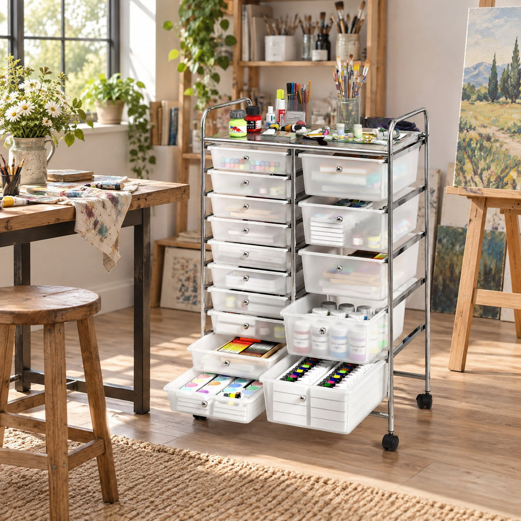 Airfind Rolling Storage Cart 15-Drawer Trolley with Chrome Plated Metal Frame, 22 lbs Capacity, Metal PP Frame, 24.5 × 15 × 38 Footprint