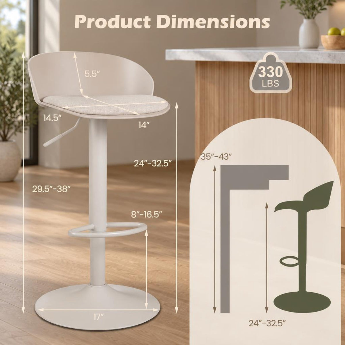 Airfind Set of 2 Adjustable Swivel Bar Stools w/ Back and Footrest 330 LBS for Dining, Stool 330 lbs Capacity, Metal Sponge PP Linen Fabric Frame