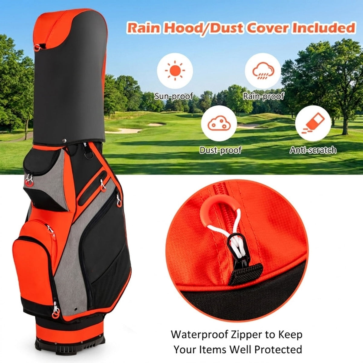 Airfind Golf Cart Bag with 9-Way Top and Insulated Cooler Pocket featuring matching headcovers with a velour-lined valuables pocket for cart-mounted rounds, Red