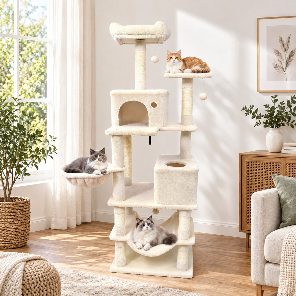 Airfind 66 Inch Tall Cat Tree Multi-Level Cat Tower with 2 Condos Sisal Scratching Posts, 33 lbs Capacity, Beige