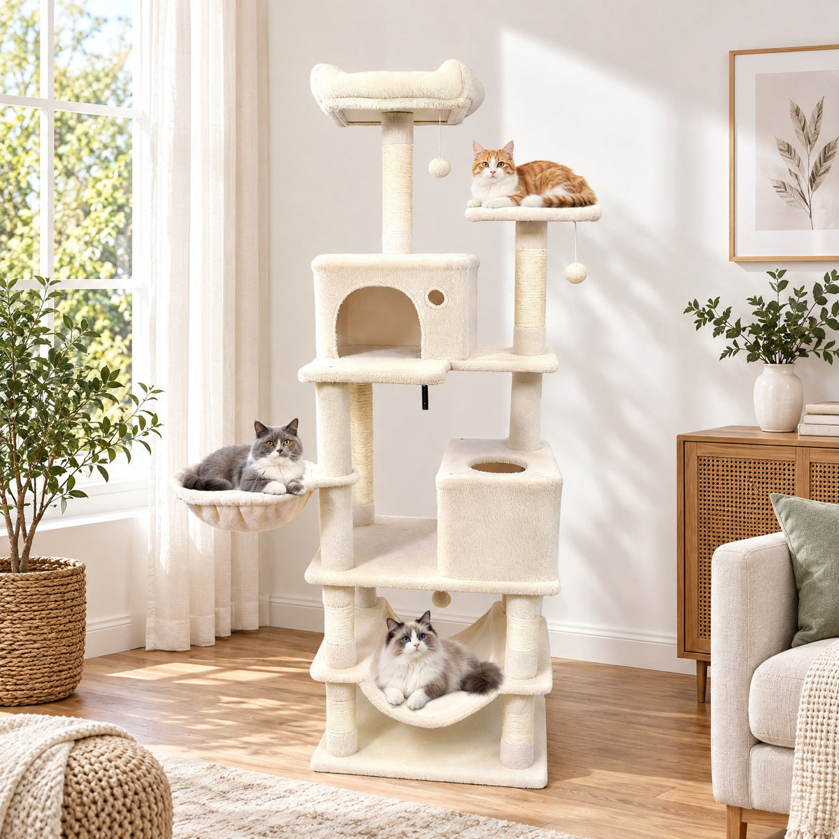 Airfind 66 Inch Tall Cat Tree Multi-Level Cat Tower with 2 Condos Sisal Scratching Posts, 33 lbs Capacity, Beige
