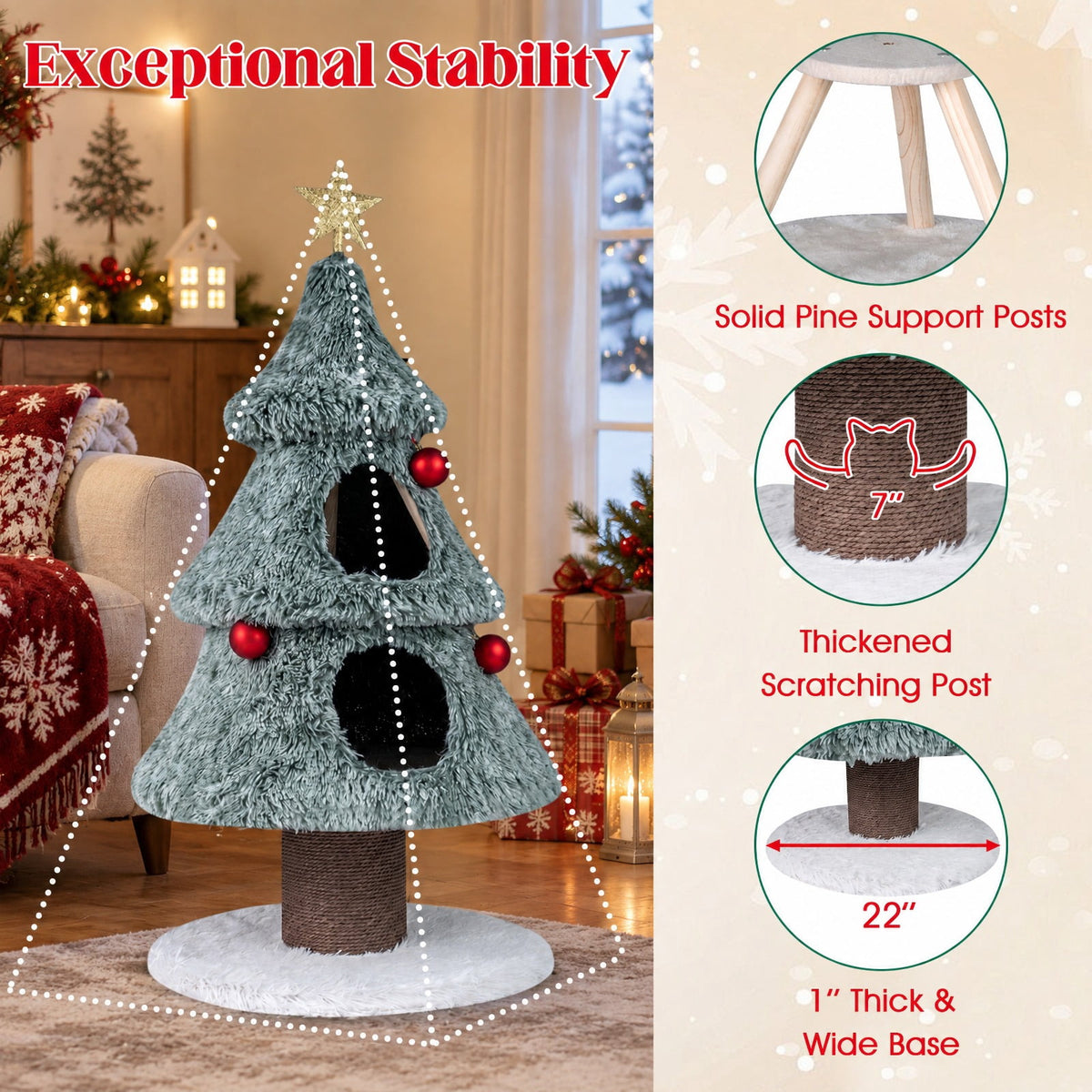 Airfind Christmas Cat Tree for Indoor Cats 48.5 inch Cute Cat Tower with 2 Large Condos Scratching Post, Engineered Wood Jute Rope Plush Frame