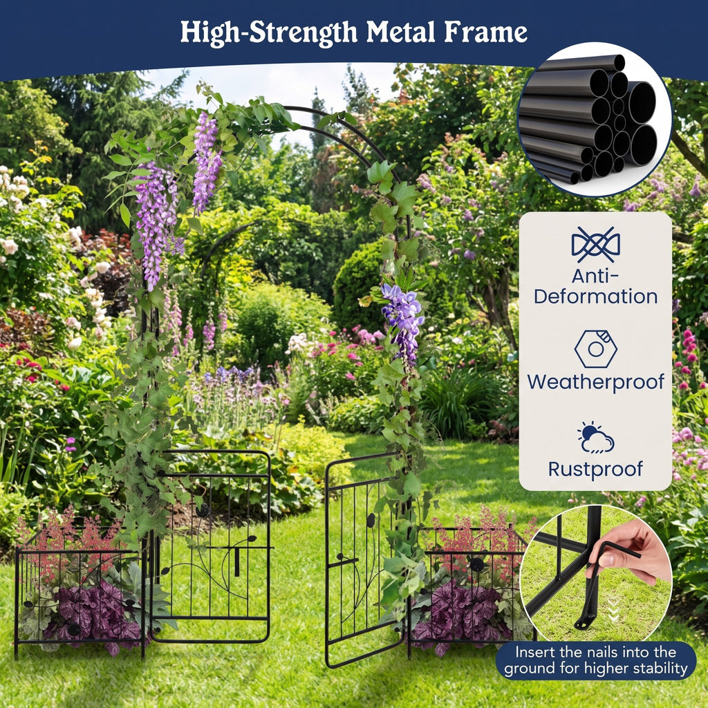 Airfind 87 Inches Garden Arbor with Lockable Gate Side Planters, Metal Frame, 80 x 20 x 87 Footprint, Black