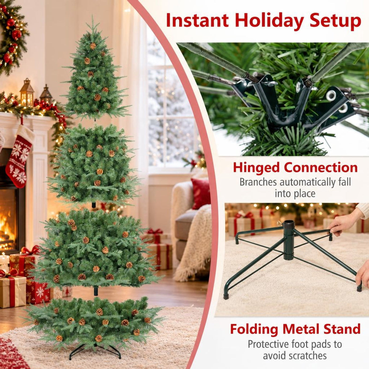 Airfind 7.5 ft Pre-Lit Artificial Christmas Tree with 540 Warm White LED Lights, 71 Pine Cones, 1125 Branch Tips and Folding Metal Stand, Green