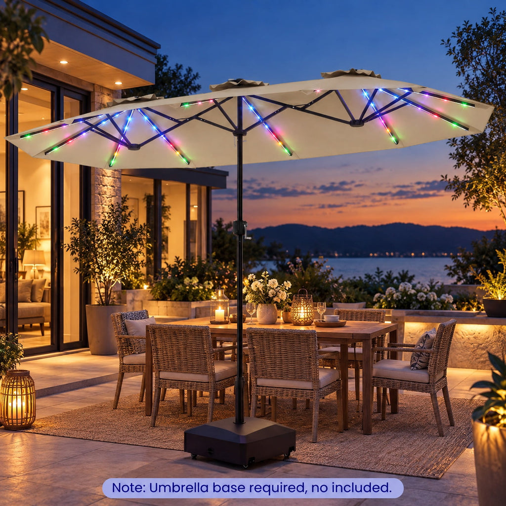 Airfind 13 FT Double-Sided Patio Umbrella with Color-Changing Flowing Solar LED Lights, Polyester Fabric Metal Frame, 13 x 7 ft Footprint, Beige