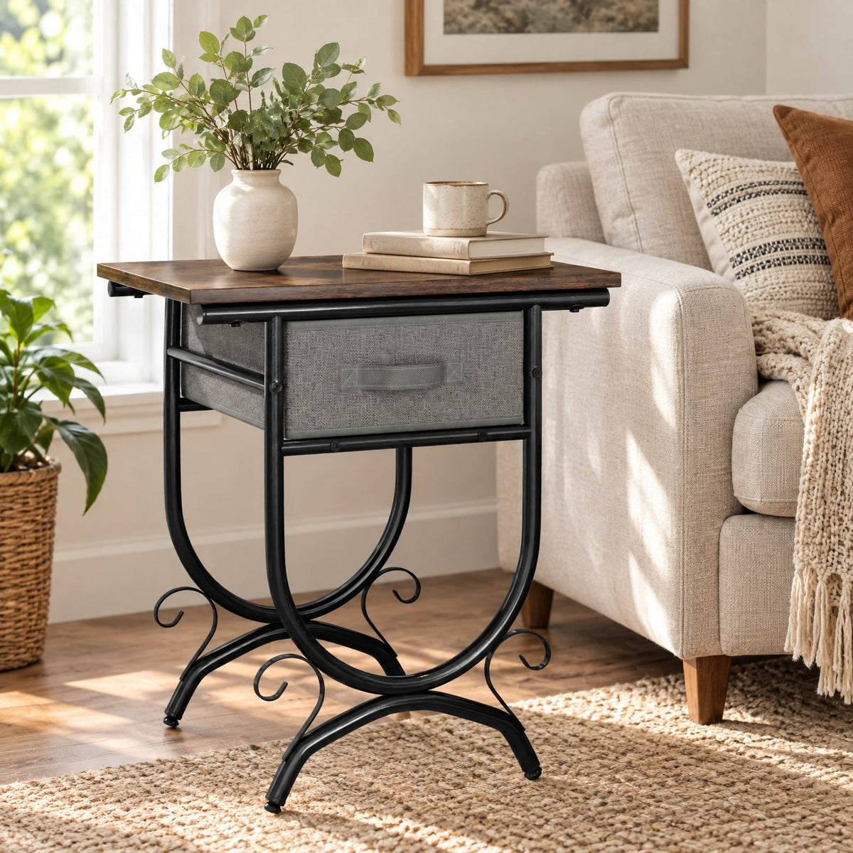 Airfind Side Table with Fabric Drawer and Carved Metal Frame for Living Room, 88 lbs Capacity, Engineered Wood Metal Fabric Frame, Black Gray