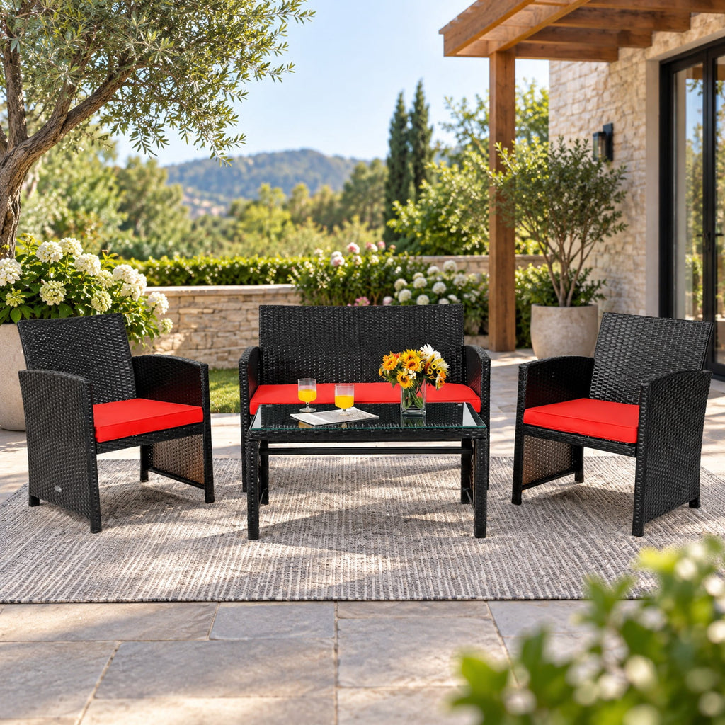 Airfind 4 Pieces Patio Rattan Cushioned Furniture Set, Rattan Frame, 43.5 x 25 x 31 Footprint, Red