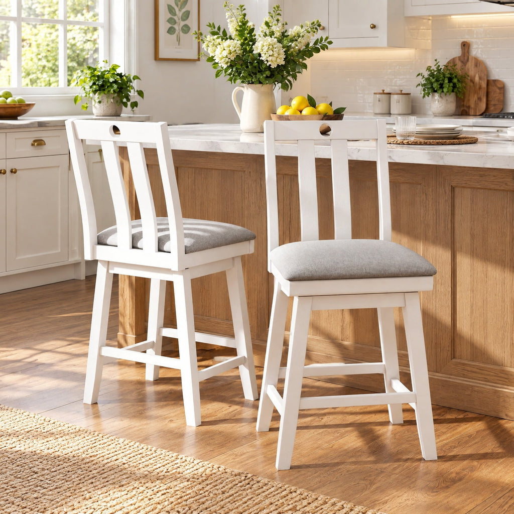 Airfind 25 Inch Modern Bar Stools Set of 2 with Upholstered and 360° Rotation Seat, 400 lbs Suitable Counter Height 35 Inch -39 Inch Capacity, White