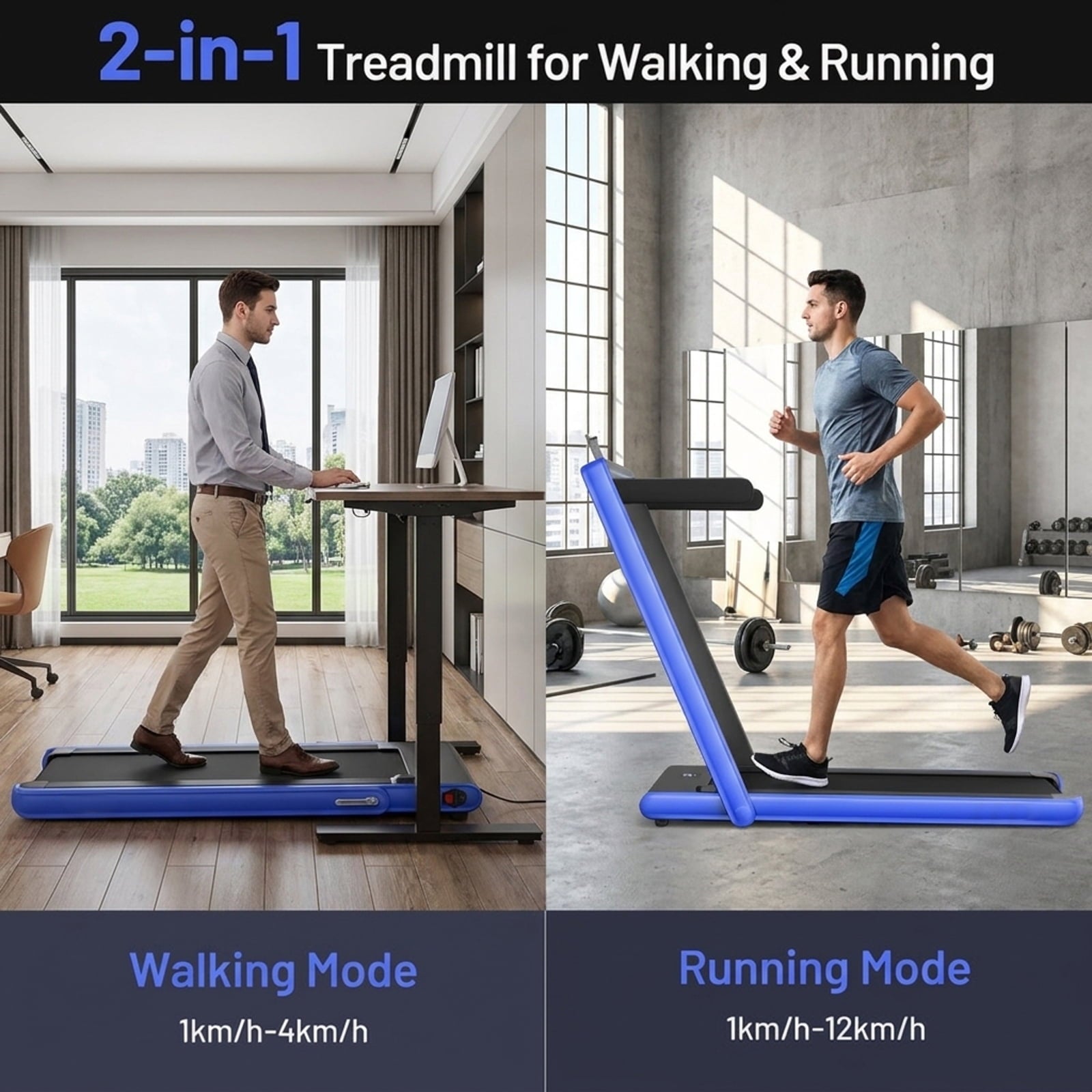 Airfind 2-in-1 Walk-to-Run Folding Treadmill, Blue