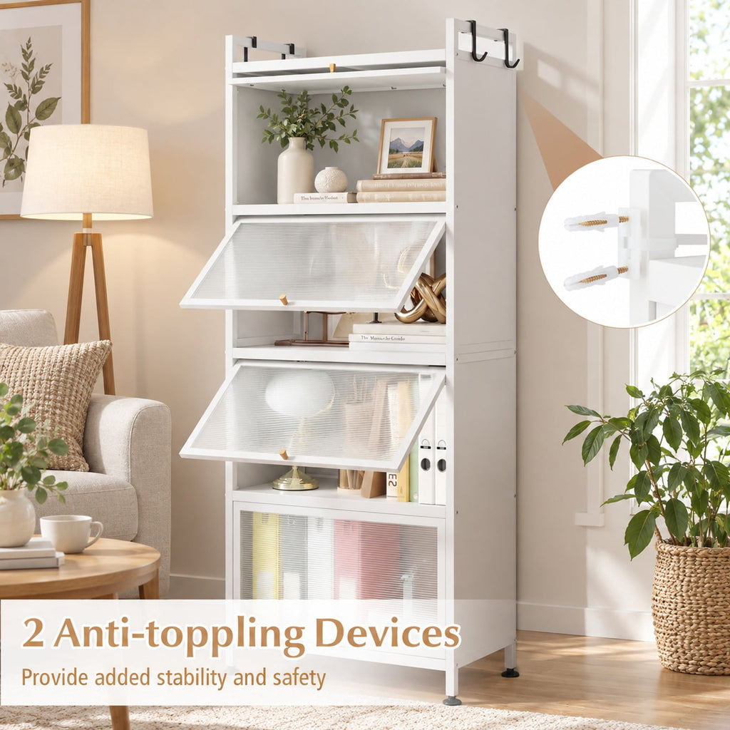 Airfind 5-Tier Kitchen Bakers Rack with Flip-up PC Doors, tier 33 lbs Capacity, Metal PC PP Gray Frame, 23.5 x 12.5 x 60.5 Footprint, White