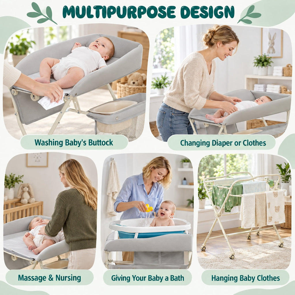 Airfind Baby Diaper Changing Table with Water Basin Wheel, 33 lbs Capacity, PP Frame, for 0-12 Months, 32.5x 27.5x 38-40 Footprint, Gray