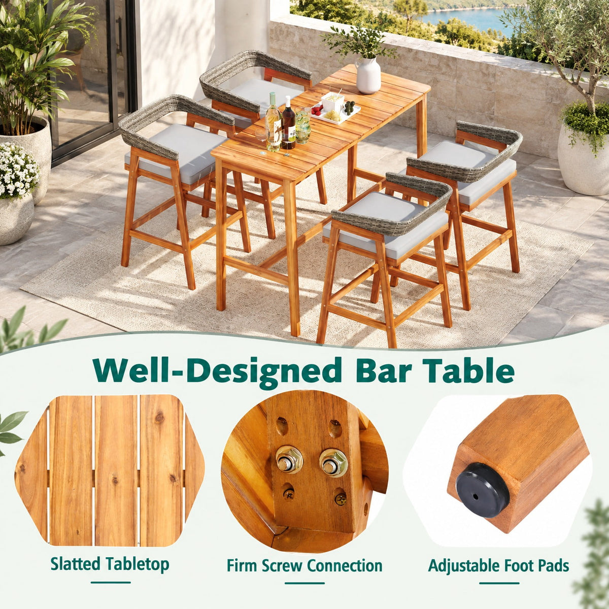 AIRFIND Counter Height Patio Table with Acacia Wood Slatted Top and Footrest Crossbar, Outdoor Bar Table with Reinforced Supports, Natural