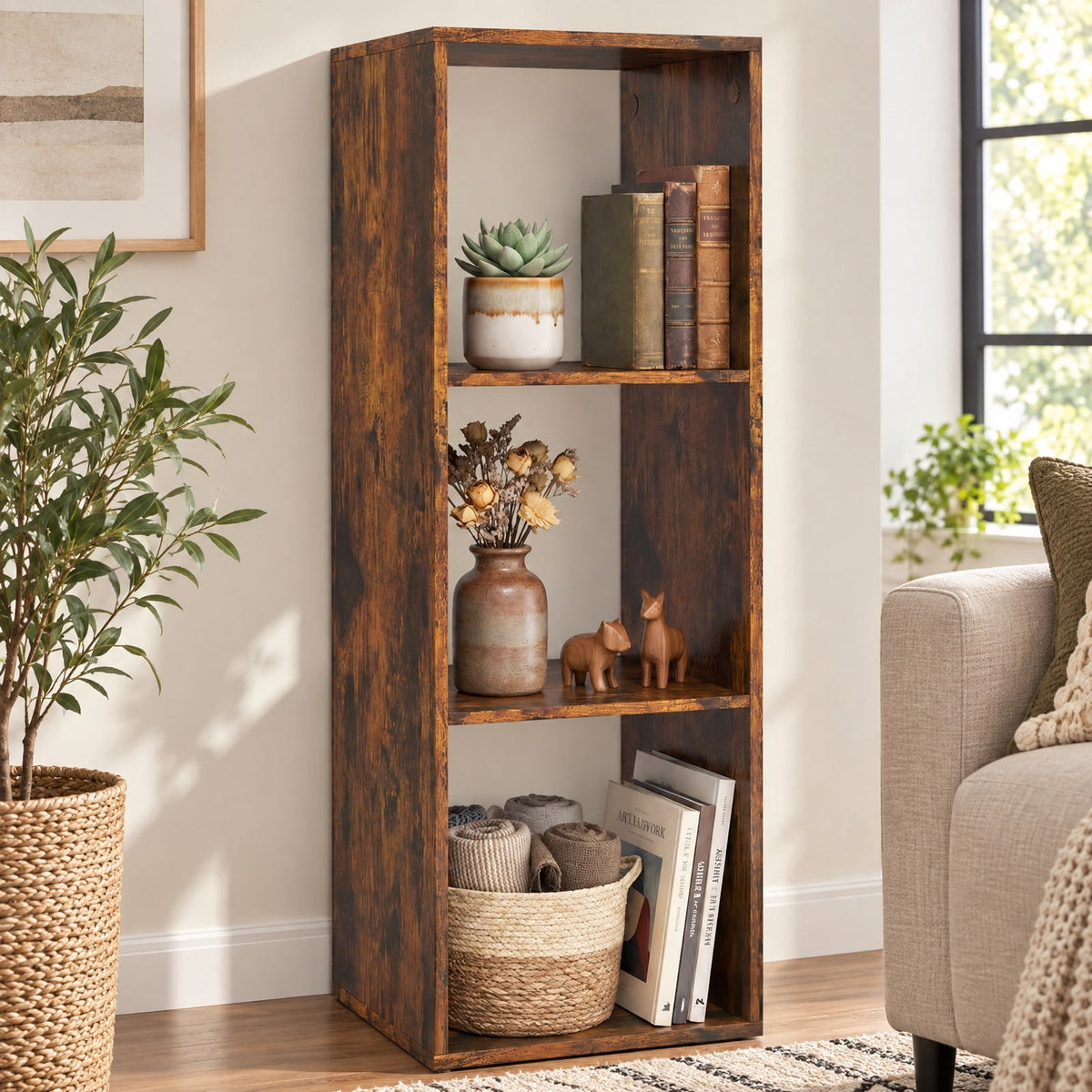 Airfind 3 Cube Bookshelf with Back Guardrail for Living Room Bedroom, Engineered Wood Frame, 14 Inch x 13 Inch x 41 Inch Depth of Bottom Shelf 12 Inch Footprint