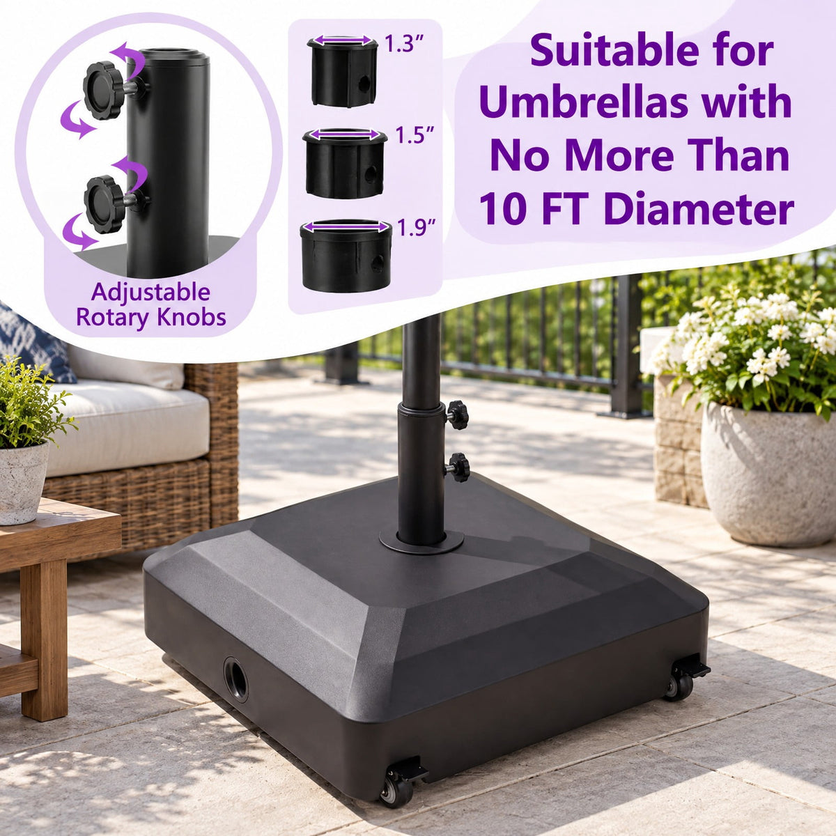 Airfind Outdoor Fillable Umbrella Base with Wheels Water Sand Weighted Umbrella Stand, PP Metal PVC Frame, 21.5 Inch x 21.5 Inch x 16 Inch Footprint, Black