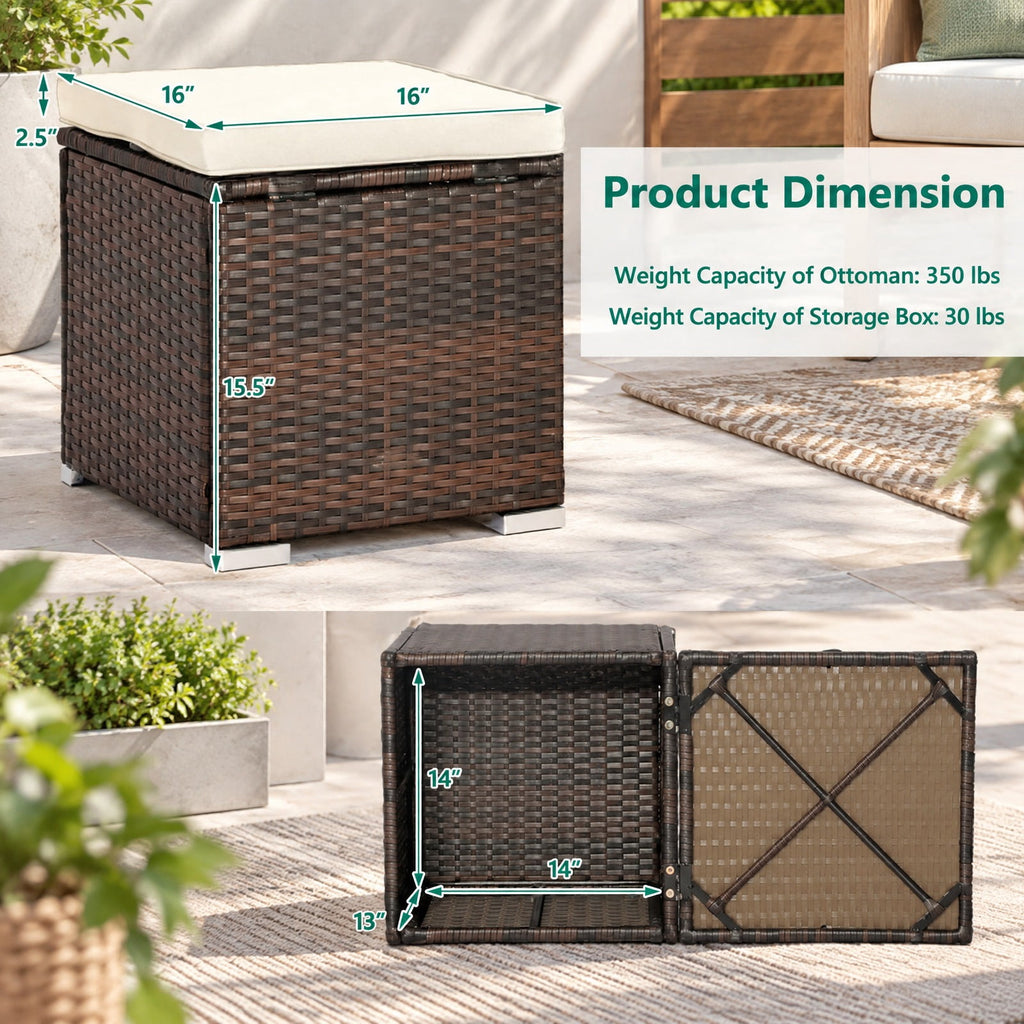 Airfind 2 Pieces Patio Ottoman with Removable Cushions, 350 lbs Capacity, Metal PE Rattan Sponge Polyester Frame, 16 x 16 x 15.5 Footprint, Brown