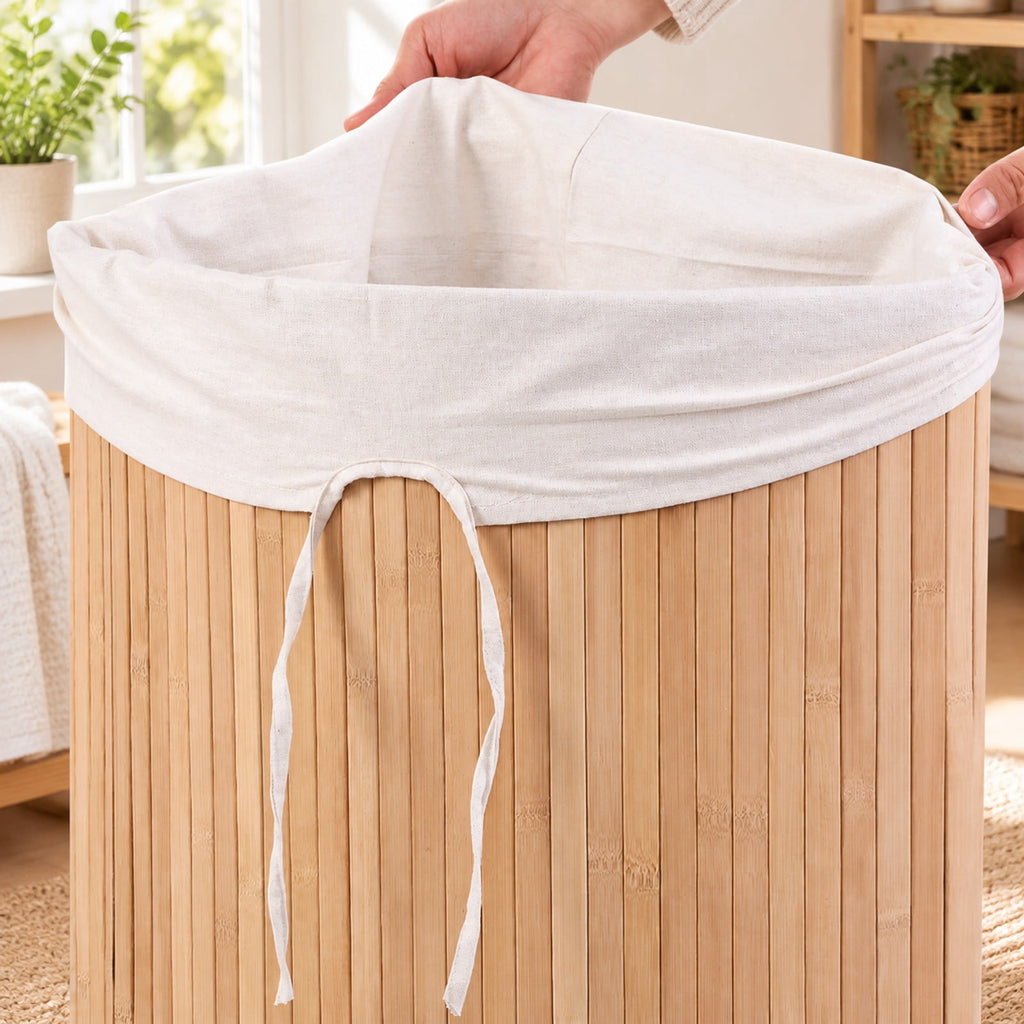 Airfind Corner Bamboo Hamper Laundry Basket, Bamboo and polyester cotton Frame, Natural, Easy to carry with a handle on each side