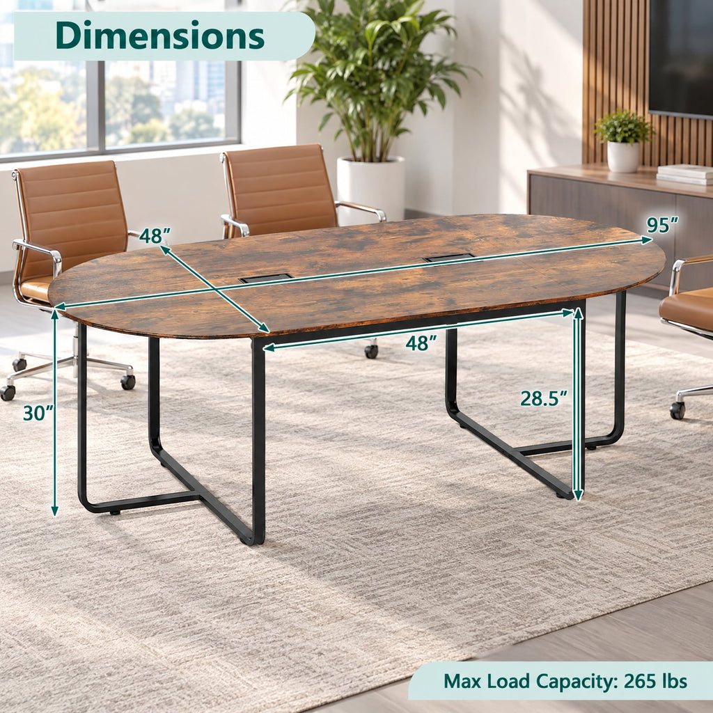 Airfind Oval Conference Industrial Executive, 95 Inches, Table with Dual Cable Holes, 265 lbs Capacity, Engineered Wood Metal Frame, Brown