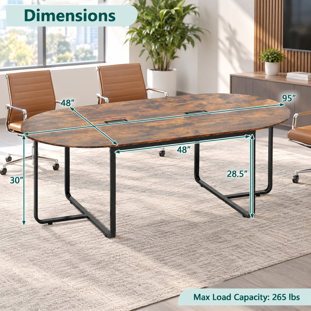 Airfind Oval Conference Industrial Executive, 95 Inches, Table with Dual Cable Holes, 265 lbs Capacity, Engineered Wood Metal Frame, Brown