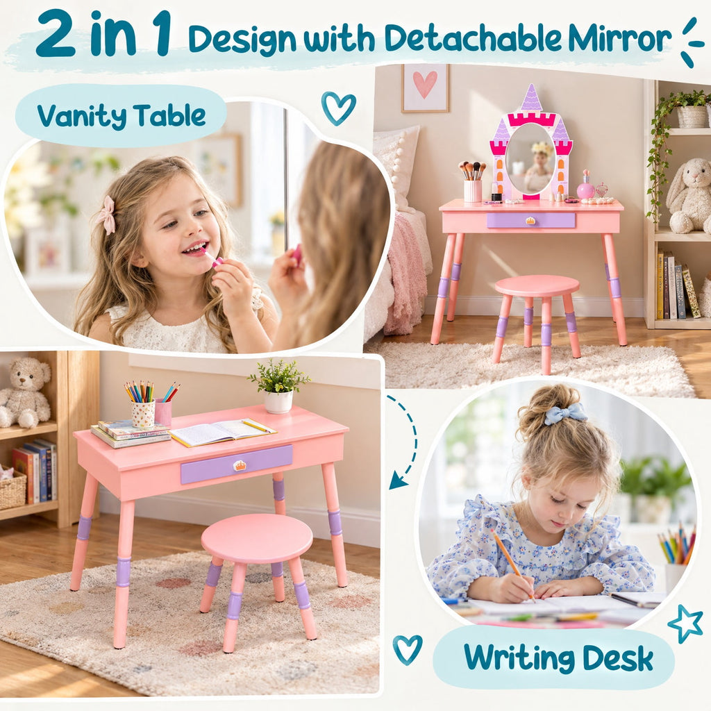 Airfind Kids Princess Vanity Table and Stool Set with Drawer and Mirror, 66 lbs Capacity, MDF Silver Frame, for 3+ Years old, Pink