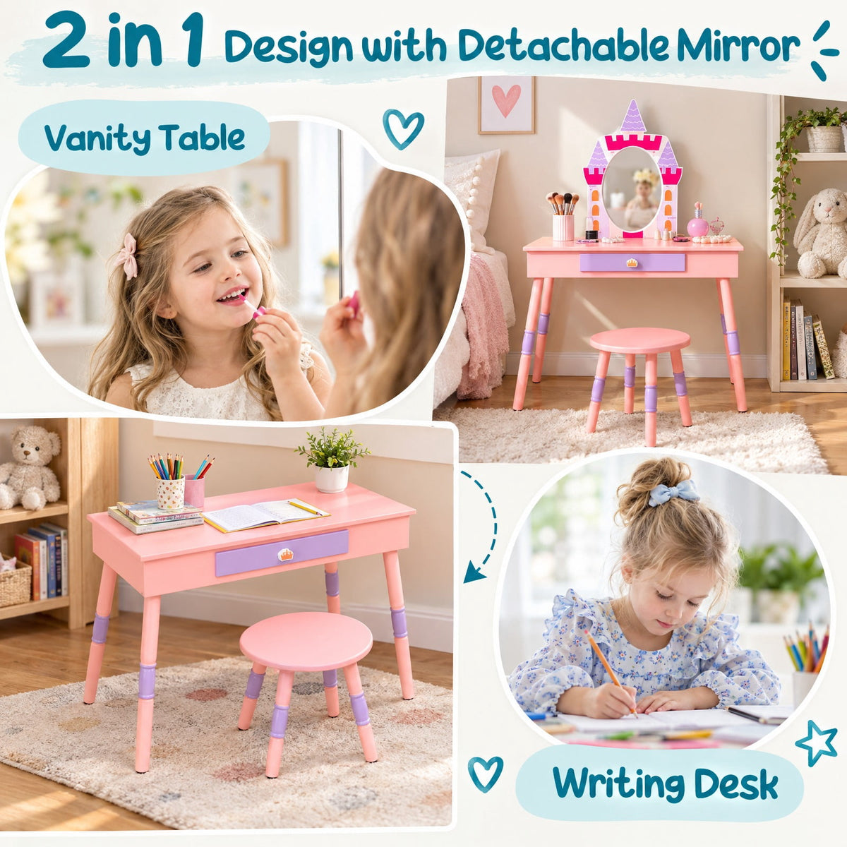 Airfind Kids Princess Vanity Table and Stool Set with Drawer and Mirror, 66 lbs Capacity, MDF Silver Frame, for 3+ Years old, Pink