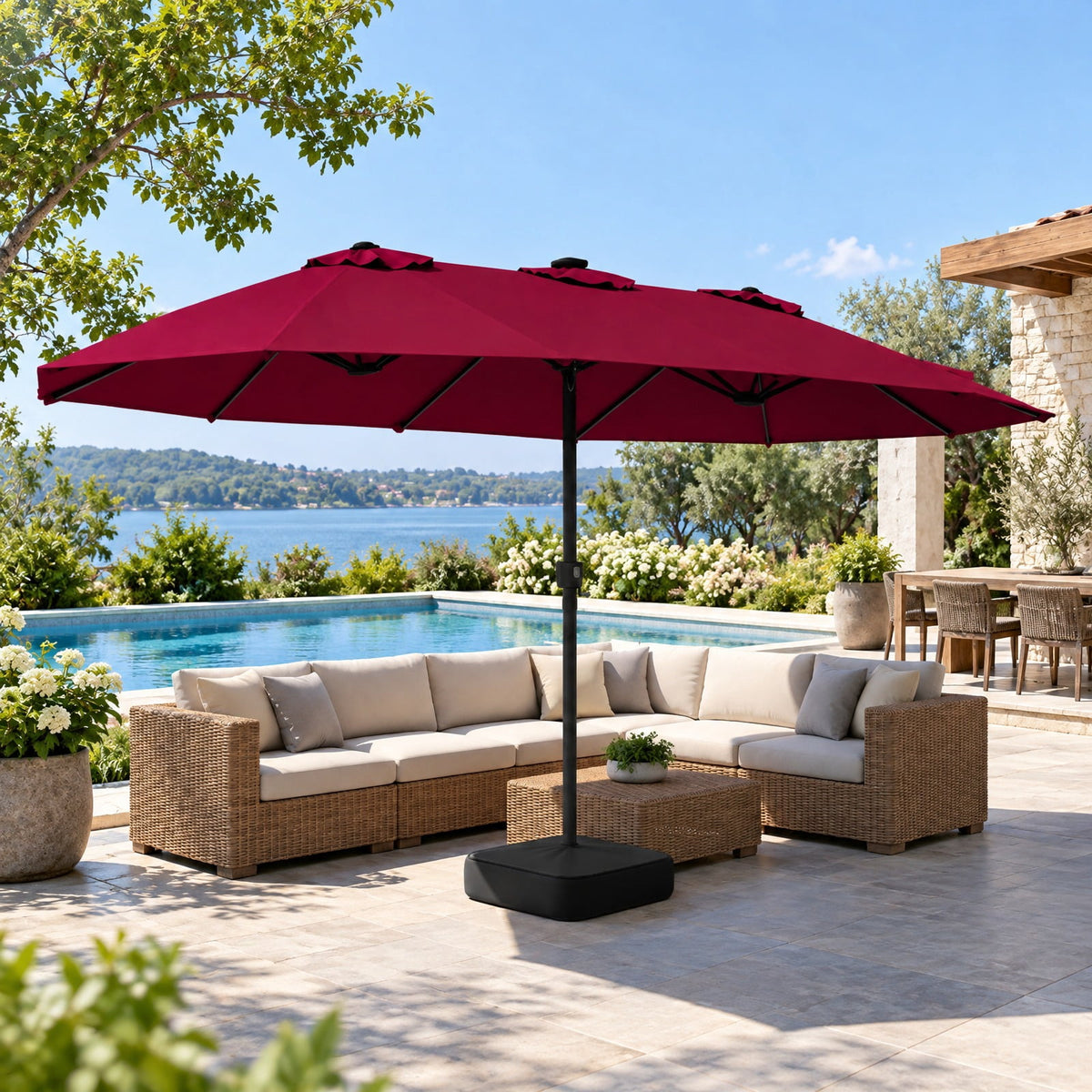 Airfind 15.5FT Extra-Large Patio Umbrella with Base 12 Reinforced Ribs, 180G Polyester Fabric Metal External Frame, Red