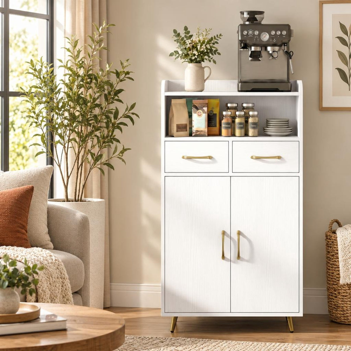 Airfind Bathroom Storage Cabinet Freestanding Floor Cabinet with 2 Drawers and 2 Doors, 44 lbs Capacity, Engineered Wood Metal Frame, White