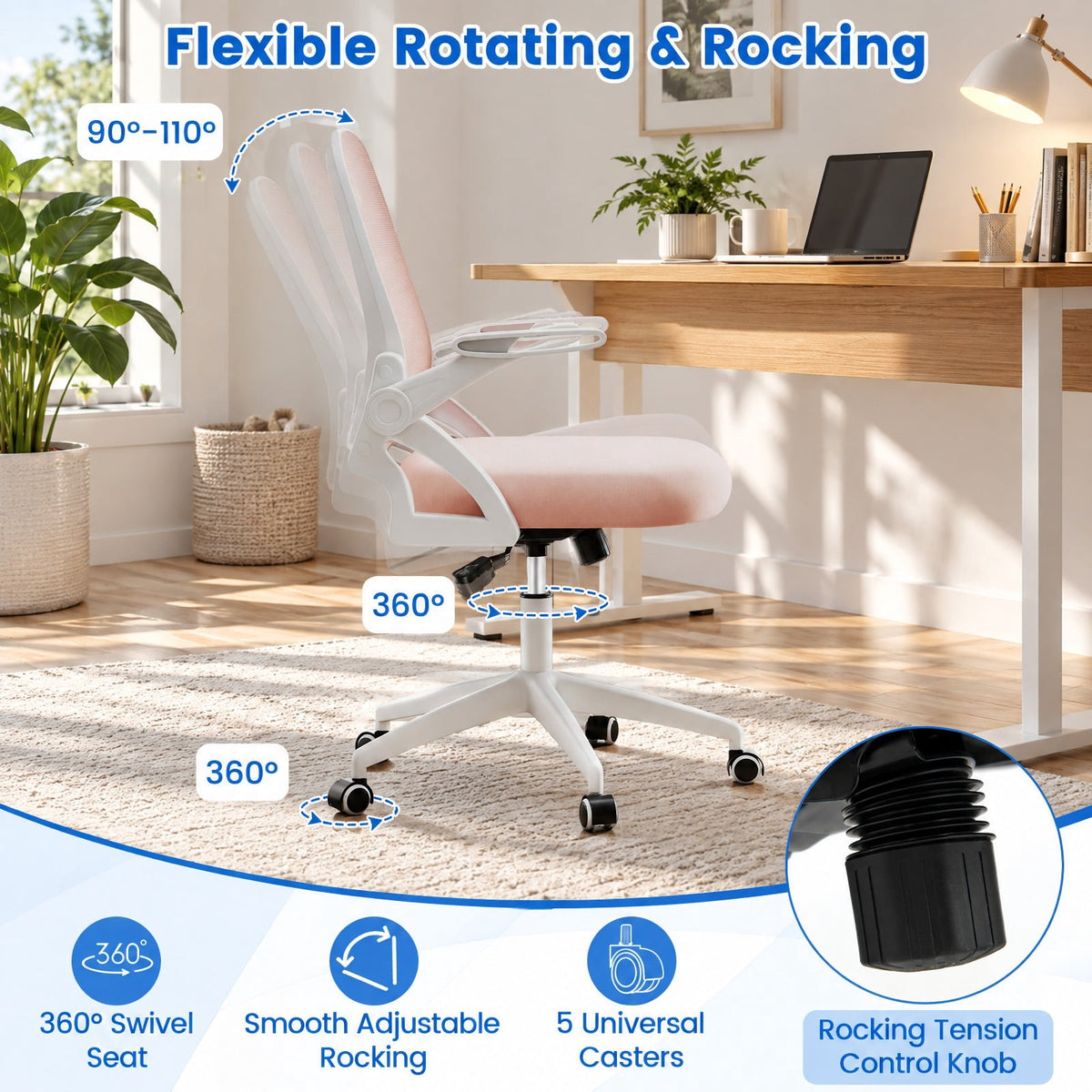 Airfind Ergonomic Computer Desk Chair with Lumbar Support and Flip-up Arms, 330 lbs Capacity, PP Metal Mesh Plywood Sponge Frame, Pink