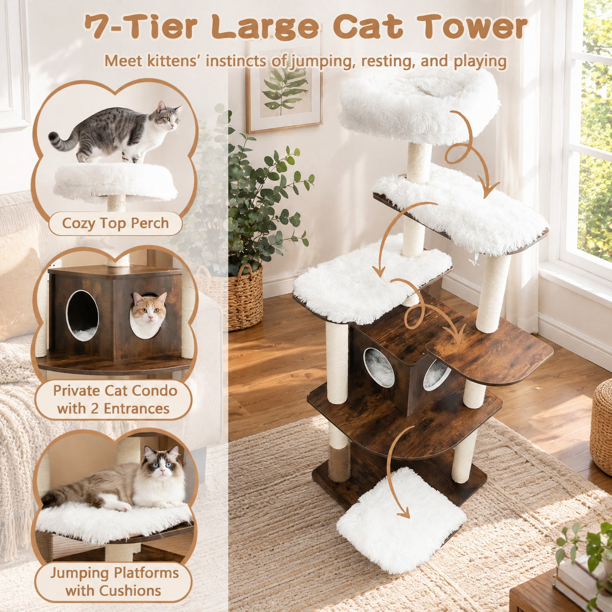 Airfind 7-Layer Wooden Cat Tree Tall Cat Tower with Sisal Posts and Condo, 33 lbs Capacity, Engineering Board Sisal Rope Plush Frame, Brown