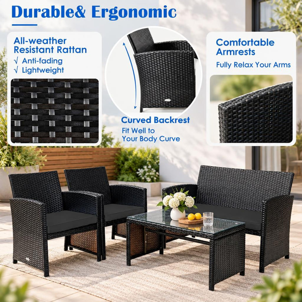 Airfind 4 Pieces Patio Rattan Cushioned Furniture Set with Coffee Table, Rattan Frame, 43.5 x 25 x 31 Footprint, Black