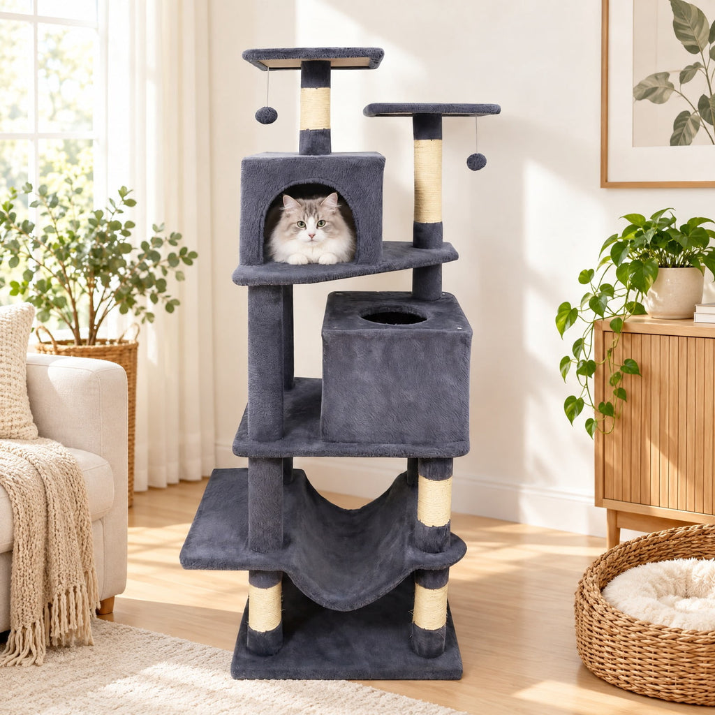 Airfind 57 Inch Cat Tree with Dual Condos and Hammock and 2 Dangling Balls, 29 x 16 Footprint, Gray