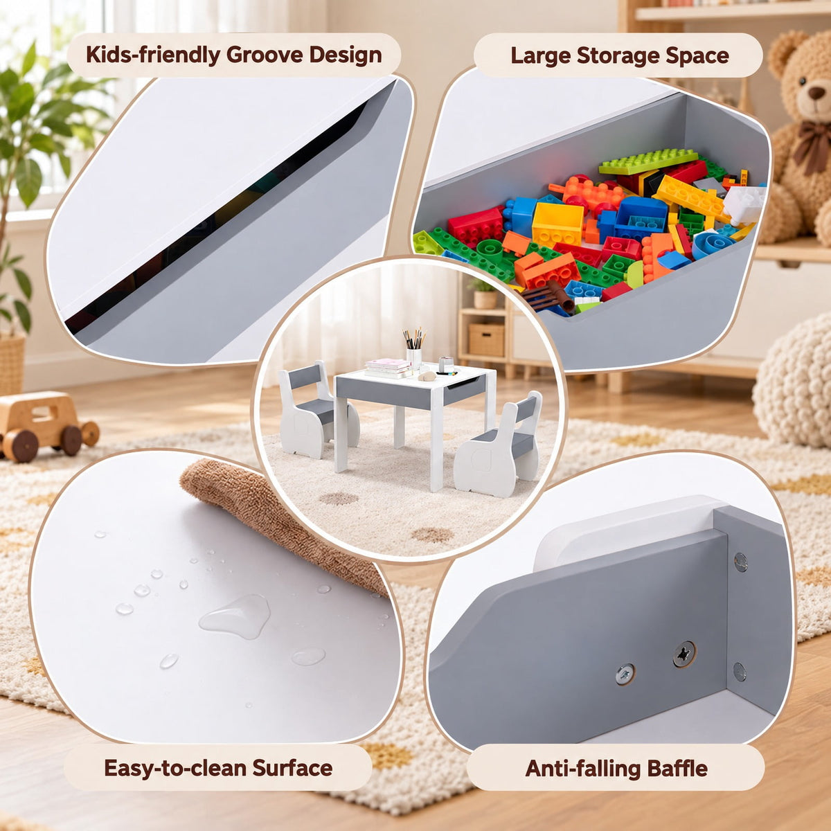 Airfind 4-in-1 Wooden Activity Kids Table and Chairs with Storage and Detachable Blackboard, 66 lbs Capacity, MDF Frame, for 3-6 Years old, Gray