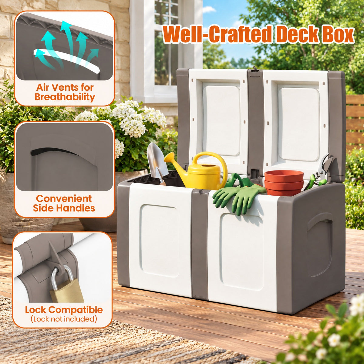 AIRFIND Deck Box 53 Gallon, Outdoor Patio Storage Container with Lockable Lid, Side Handles and Tool-Free Assembly for Garden Supplies, Beige