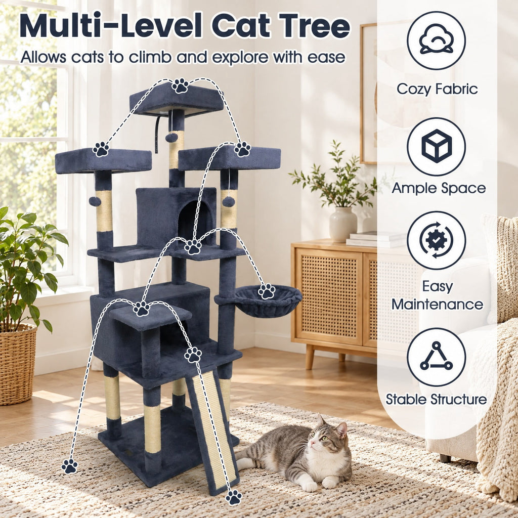 Airfind 65 Inch Tall Multi-level Cat Tree with 3 Upholstered Perch and 2 Cat Condos, Fabric Sisal Engineered Wood Overall Height 65 Inch Base Frame