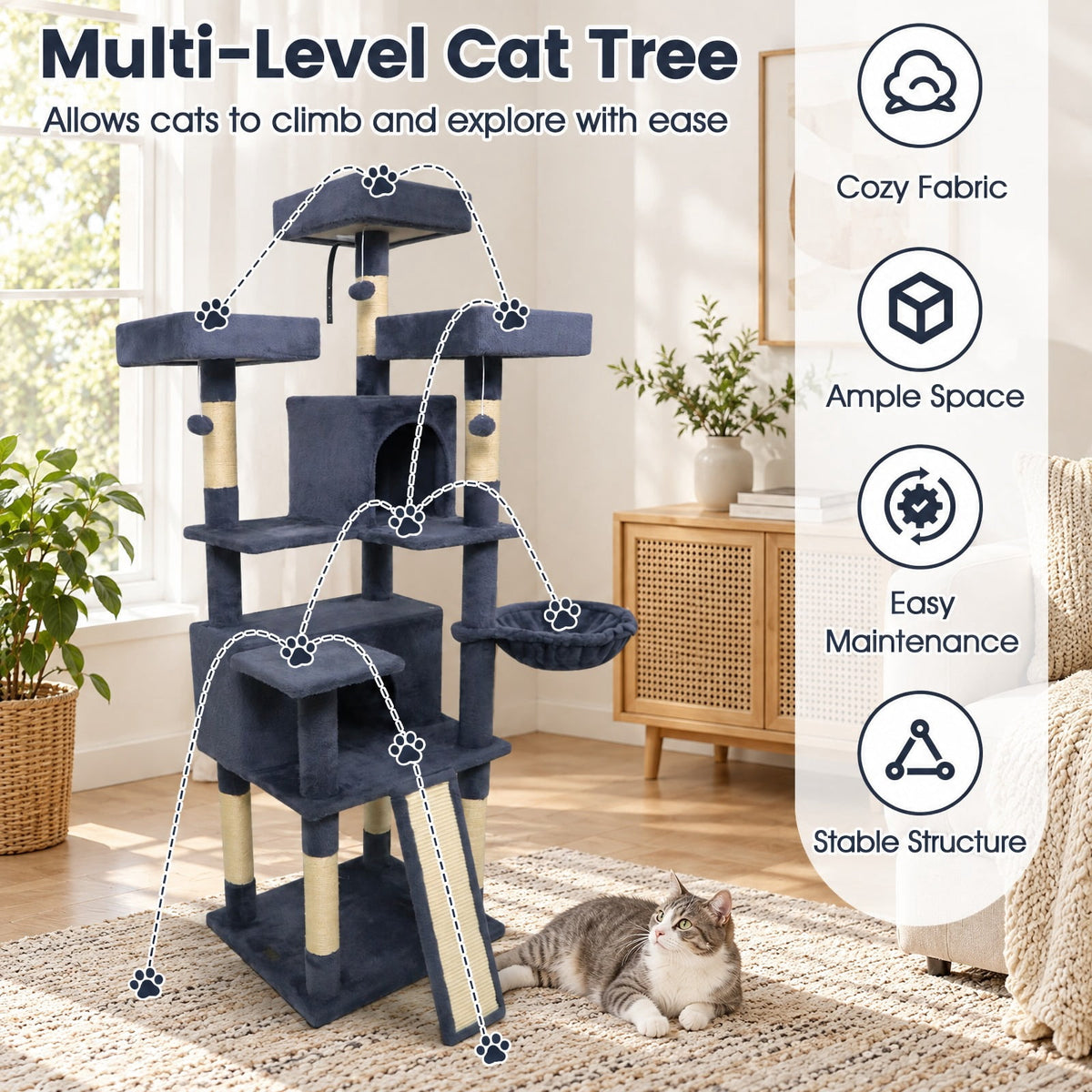 Airfind 65 Inch Tall Multi-level Cat Tree with 3 Upholstered Perch and 2 Cat Condos, Fabric Sisal Engineered Wood Overall Height 65 Inch Base Frame