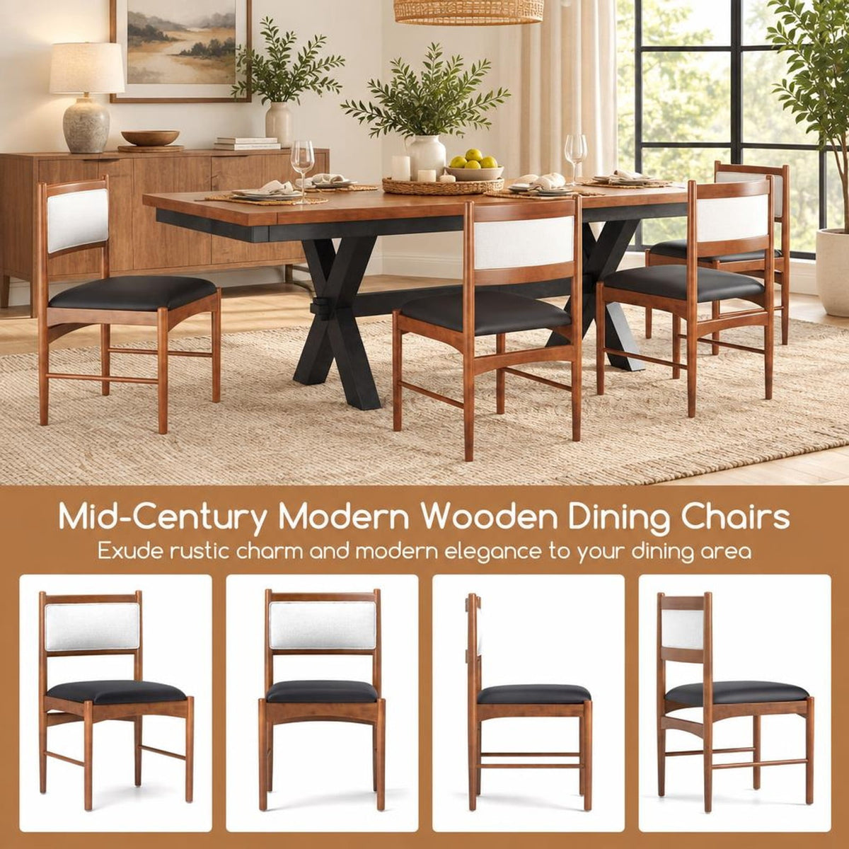 Airfind Wooden Dining Chair Set of 2 with Rubber Wood and Faux Sherpa Backrest, Chair 220 Lbs Capacity, 19 Inch X 20 Inch X 34 Inch, Walnut
