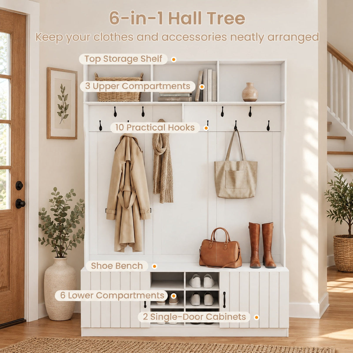 Airfind 59in Wide 6-in-1 Hall Tree with Bench and Storage, 155 lbs Capacity, Engineered Wood MDF Frame, 59in × 16in × 80in Footprint, White